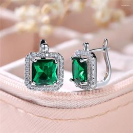 Backs Earrings Luxury Female Green Square Zircon Stone Clip Charm Silver Colour Wedding Jewellery For Women