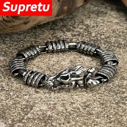 Punk Vikings Dragon Skull Bracelet Men Stainless Steel Locomotive Wristband Vintage Handmade Chain Personality Male Jewelry Gift 240410