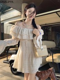 Casual Dresses Onalippa Ruffles Slash Neck Mini Dress Sweet Single Breasted A Line Mid-lengh Shirts French Gentle Wind Flare Long Sleeves