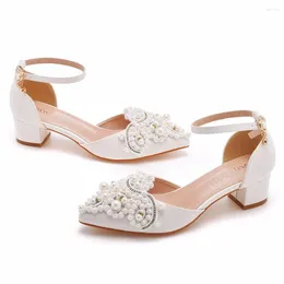 Dress Shoes 4cm Medium Low Thick Heel Pointed Hollow Sandals Spring Square Shallow Mouth White Beaded
