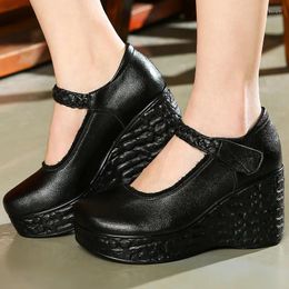 Dress Shoes 8cm High Heel Round Head Tassel Ethnic Women Brown Black Wedges For Heels