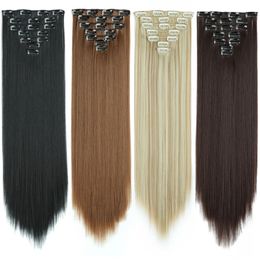 24Inchs 16 Clips in Hair s Long Straight Hairstyle Synthetic Blonde Black Hairpieces Heat Resistant False 240410