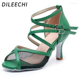 Dance Shoes 2024 DILEECHI Latin Green Leather Mesh Clip 7.5cm Heel High Indoor Soft Sole