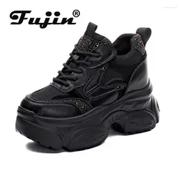 Casual Shoes Fujin 10cm Genuine Leather Chunky Sneakers Spring Rhinestone Bling Platform Wedge Autumn Breathable Women Fashion Summer