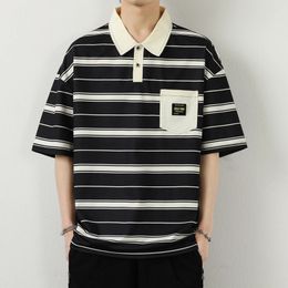 Young Style Loose Striped Polo Shirts Summer Casual Half Sleeve Mens Clothing Fashion Turn-down Collar Korean Pockets T-shirts 240419