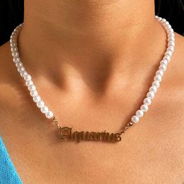 Pendant Necklaces Punk Golden Stainless Steel Letters Pearl Beaded Necklace For Women 12 Constellation Letter Pearls Choker Necklaces Goth Jewelry Y240420