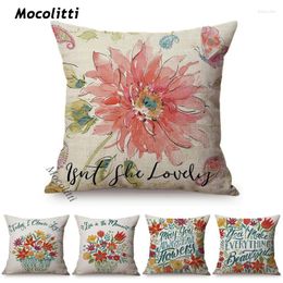Pillow Spring Colorful Florals Happy Greetings Letter Pattern Decorative Sofa Throw Case Cotton Linen Square Car Cover