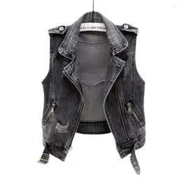 Women's Vests Denim Vest Women Spring Autumn Sleeveless Tops Short Jacket Splicing Outerwear Teens Grey Coat Ripped Loose Casual Waistcoats