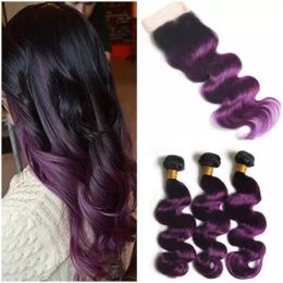 Wefts Virgin Peruvian Ombre Purple Human Hair Body Wave 3Bundles with Closure 4Pcs Lot Two Tone 1B/Purple Ombre 4x4 Lace Closure with We