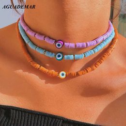 Pendant Necklaces New Trendy Boho Round Evil Eye Colorful Polymer Clay Necklace for Women Simple Soft Clay Beads Choker Necklaces Handmade Jewelry Y240420