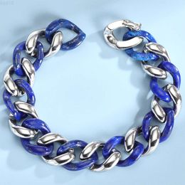 15mm Lazurite Silver Bracelet Natrual Gemstone Lapis Lazuli Cuban Link Chain