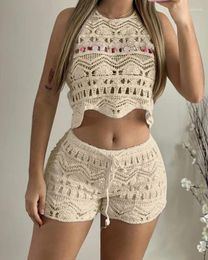 Women's Tracksuits Vacation Suits 2024 Summer Latest O-Neck Contrast Panelled Crochet Lace Sleeveless Crop Knit Top & Hollow Out Shorts Set