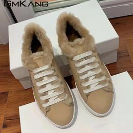 Casual Shoes Thick Sole Fur Snow Boots Women Round Toe Lace Up Genuine Leather Wool Warm Flat Woman Winter Botas Femininas