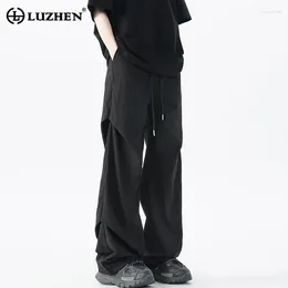 Men's Pants LUZHEN Drawstring Decorate Pleated Design Solid Color Wide Leg 2024 Spring Stylish Street Straight Trousers LZ28530