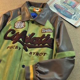 PU Brand Retro American Hip-Hop Lapel Mens Jacket Y2K Loose Baseball Uniform Trend Couple Leather Sleeve Stitching Jacket 240420