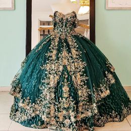 Emerald Green Quinceanera Dress 2024 Bow Mexico Gold Applique Lace Vestidos De 15 Anos XV Brithday Sweet 16 Dresses Ball Gown