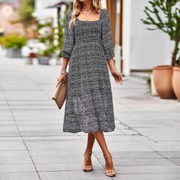 Casual Dresses Wine Dress For Women Women's Summer Midi Spring Puff Sleeve Square Neck A Line Flowy With Long Sleeves Formal