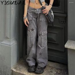 Women's Jeans Y2k Straight Denim Trousers Vintage Big Pockets Star Print Long Pants Cargo Women Girl Grunge Clothes