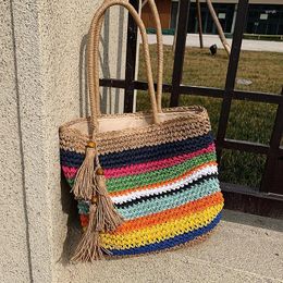 Drawstring Contrast Colour Straw Tote Bag 2024 Summer Quality Women's Designer Handbag High Capacity Shopping Shoulder Beach Travel