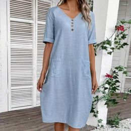 Casual Dresses Women Dress Loose Fit Midi Stylish V Neck With Button Decor Side Pockets For Knee Length Summer Plus Size