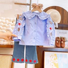 Clothing Sets 2024 Spring Autumn Girls' Long Sleeved Cute Shirt And Jeans Two Piece Set