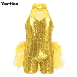 Stage Wear Kids Girls Mock Neck Sequins Jazz Latin Ballet Dance Performance Costume Ballerina Tutu Leotard Short Unitard Jumpsuit