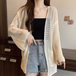 Women's Knits Large Size Summer Ice Silk Sun Protection Cardigan Thin Hollow Out Knitted Beach Cape Shawl Air-Condition Shirt Top K447