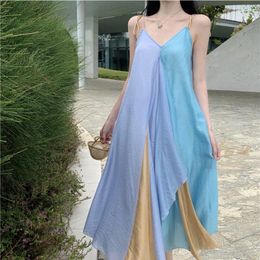 Casual Dresses Dopamine Colour Blocking Suspender Dress For Women's Summer French Style Stunning Seaside Unique Patchwork