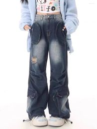 Women's Jeans Loose Folding Ripped Holes Torn Denim For Women Girls Goth Washed Y2k Grunge Distressed Vintage Trousers Pants Streetwear