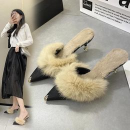 Slippers Women Outdoor Fashion High Heels Office Ladies Feather Slides Chic Classics Furry Shoes