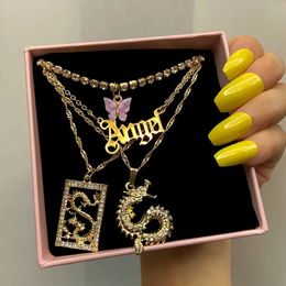 Pendant Necklaces New multilayer butterfly dragon talisman crystal necklace suitable for womens punk golden angel letters kravik chain hiphop gifts jewelry0YPT