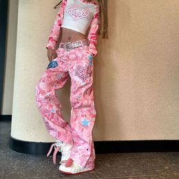 European And American Fashion Pink Camouflage Embroidered Straight Jeans Women Men Y2K Street Hip Hop Wide Leg Pants 240419