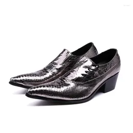 Dress Shoes Sapato Social Snake Genuine Leather Hidden High Heel For Men Formal Pointed Toe Metallic Color Slipon Loafers