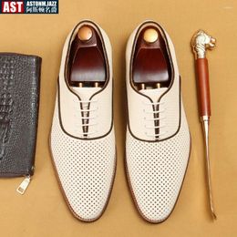 Dress Shoes Hollow Out Men British Style Formal Business Real Leather Summer Breathable Men's Pointy Toe Oxford White