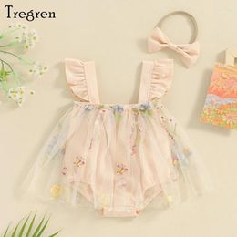 Rompers Tregren Born Baby Girls Flower Butterfly Embroidery Mesh Tulle Skirt Sleeve Bodysuits With Headband Summer Outfit
