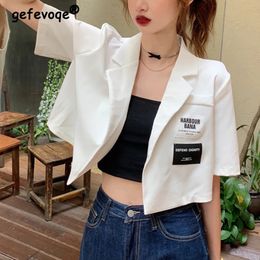 Summer Women Trendy Appliques Design Sweet Kawaii Short Sleeve Thin Cropped Blazer Casual Street Y2K Solid Chic Suit Jacket 240417