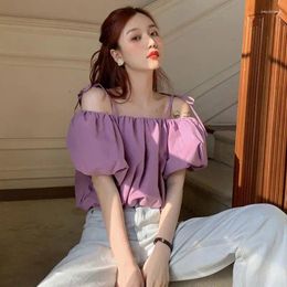 Women's Blouses Purple Bubble Sleeve Shirt Summer Chic Korean Style Top Loose One Line Neck Off Shoulder Design Shirts Female Clothing