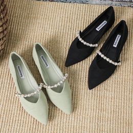 Casual Shoes 41-43 Plus Size Pearls Ballet Flats Women Stripe Cloth Moccasins Pointed Toe Crystal Band Mary Janes For Woman Loafers