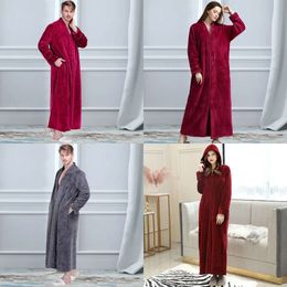 Plus 40-110KG Size Men Winter Long Warm Coral Fleece Bathrobe Cosy Flannel Hooded Bath Robe Night Dressing Gown Women Sleepwear 201023