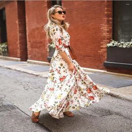 Casual Dresses Summer Wear Dress Vintage Floral Print A-line Maxi With French Style Three Quarter Sleeves Women's High Waist Pleated O