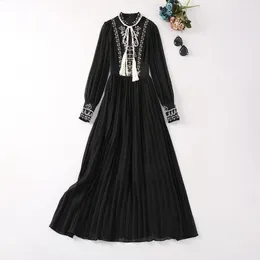 Casual Dresses European And American Women's Clothes 2024 Spring Stand Collar Long Sleeve Embroidery Fringe Fashion Pleated Dress XXL