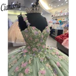 Mint Green Ball Gown Quinceanera Dresses Appliques Beads Pearls Off the Shoulder Sweet 16 Dress Vestido De 15 Anos Lace-Up