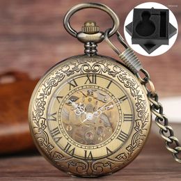 Pocket Watches Vintage Bronze Automatic Mechanical Watch Men Classic Roman Numerals Dial Retro Pendant Clock Fob Chain Box