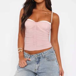 Frauen Tanks Camis Xingqing 2000er ästhetische Tops Frauen Spitzenverkleidung Patchwork Spaghetti -Gurt Slveless Ruched Mesh Camisole Y2K Clothing Clubwear Y240420