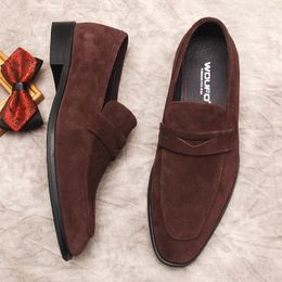 Dress Shoes Men's Luxury Loafer Suede Genuine Leather Slip On Brown Black Penny Loafers Men Fashion Wedding Office Oxford