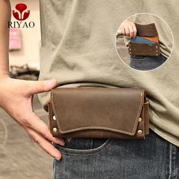 RIYAO Genuine Leather Waist Pack Vintage Dual Layer Phone Bag Pouch fanny pack For Mens Phone Holster Belt Bag Wallet Case Man 240419