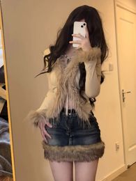 Washed Fur Paneled Denim Skirt for Women Retro Sexy Girl High Waist A-line Skirt Y2k Skirt Fashion Casual Package Hip Skirt 240407