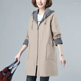 Women's Trench Coats Hooded Spliced Jacket Oversized Commuting Loose Coat Windbreaker Medium Length Outwear High-end Overcoat