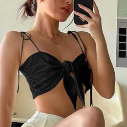 Women's Tanks Camis Sexy Tank Top Dp Wrap Chest Bow Bandage Halter Crop Tops Women Bare Midriff Spaghetti Shoulder Strap Camis Female Cropped Vest Y240420