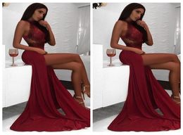 Sexy Burgundy Mermaid Prom Dresses Long 2018 Lace High Side Split Evening Gowns Chiffon Formal Party Wear Robe De Soiree2128126